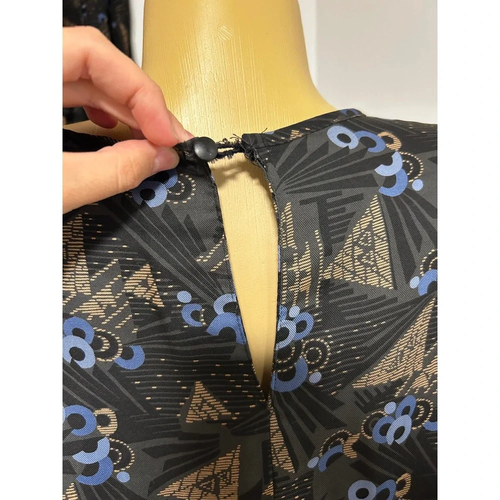 Vintage 80s ILGWU Geometric Print Skirt Set Blue Black Rayon Midi Made in USA